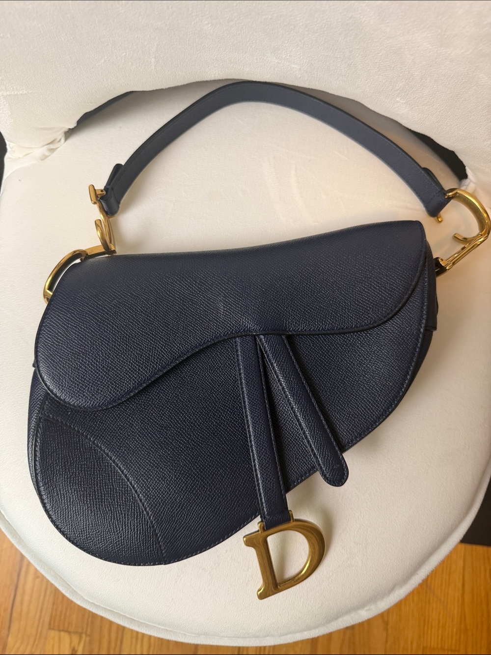 Dior Navy Leather Saddle Shoulder Bag with Gold 'D' Charm